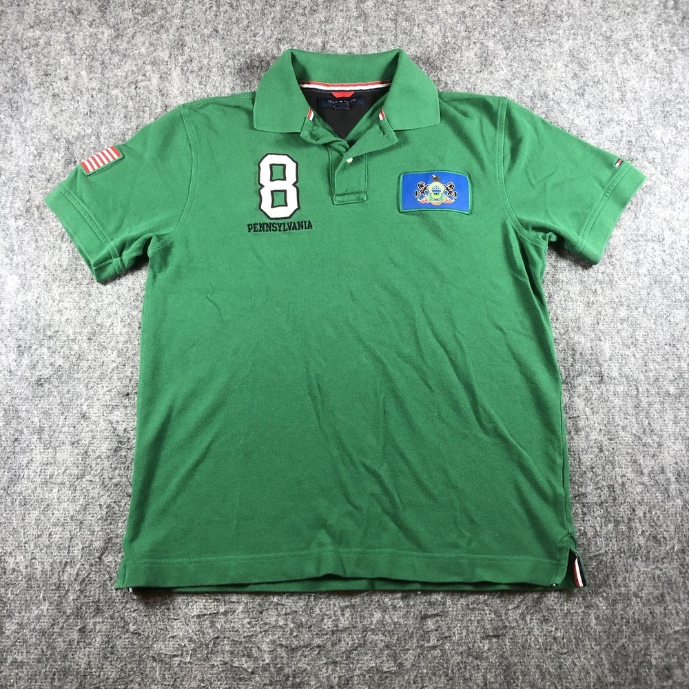 Tommy‎ Hilfiger Polo Shirt Mens S Green USA Flag 8 Embroidered